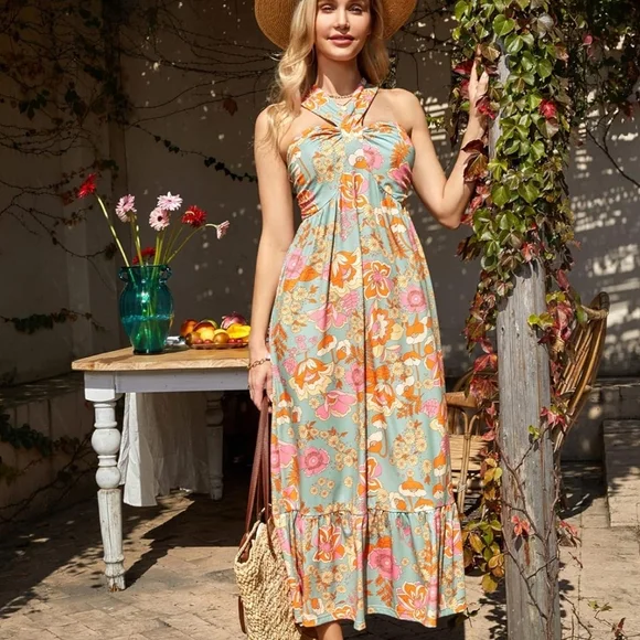 Grace Karin Floral Halter Maxi Dress - Multicolor - Picture 1 of 5